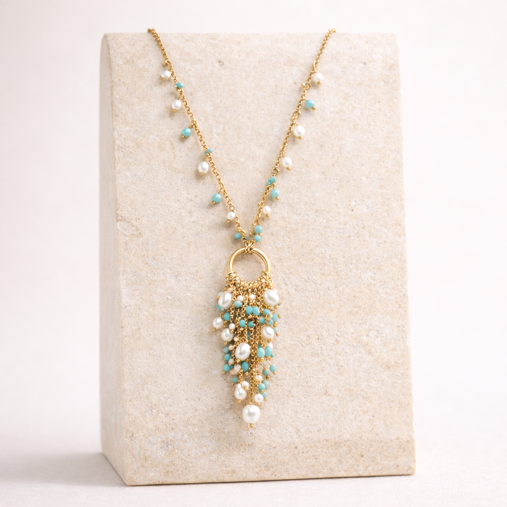 Ilhabela Long Necklace | Gold-Plated with Turquoise Beads & River Pearls