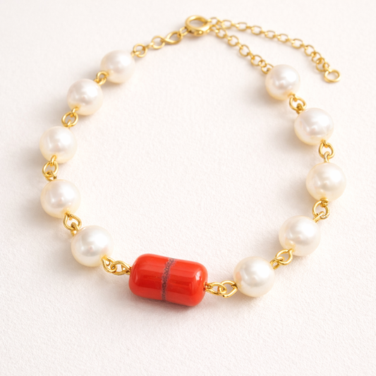 Coral | Pearl Bracelet with Coral Stone 18K Gold Plated