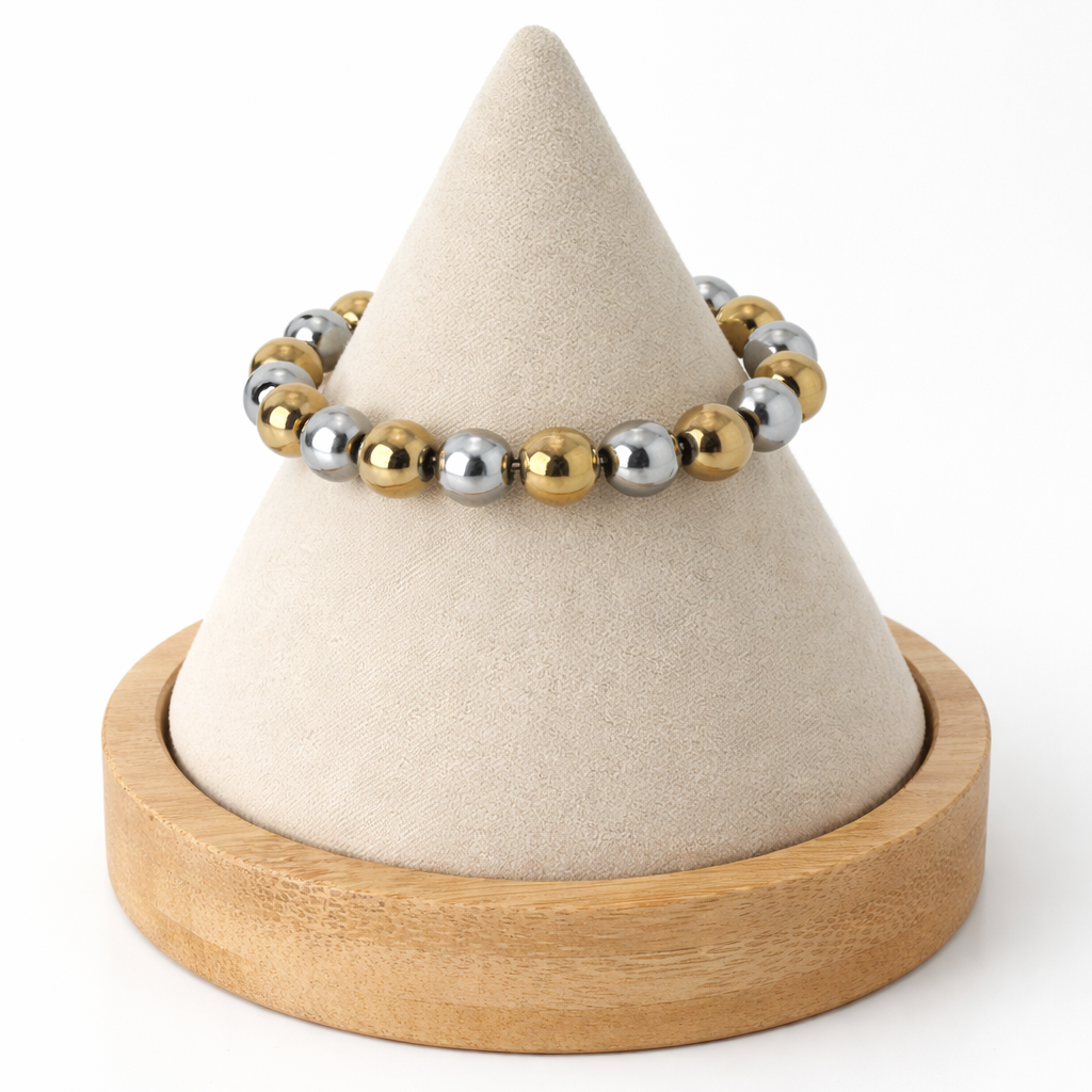 Beige cone-shaped jewelry holder with a wooden base on a white background