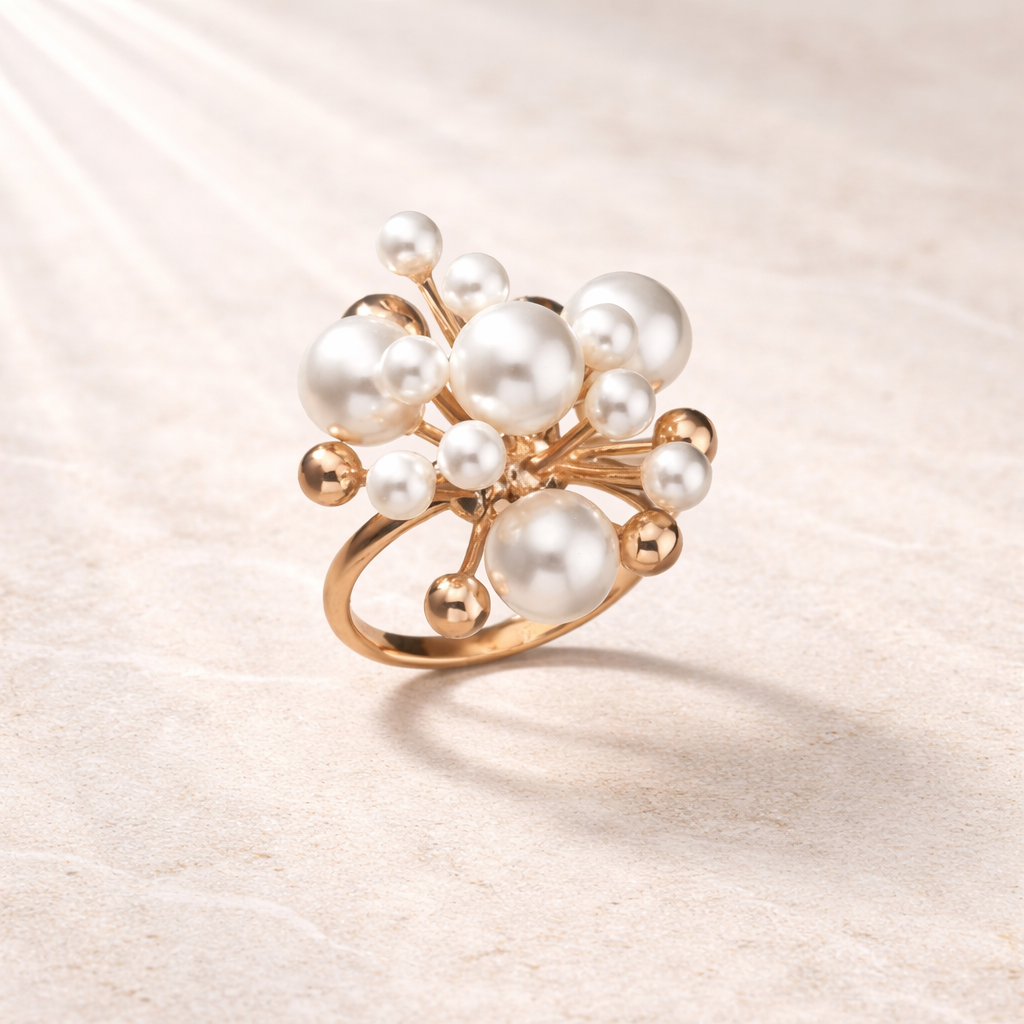Pearl ring with gold accents on a soft beige background