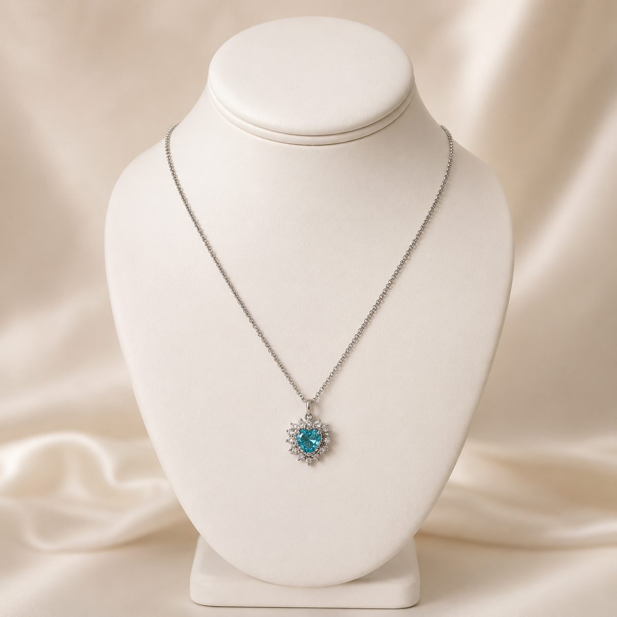 A silver chain necklace with a heart-shaped pendant featuring a central light blue gemstone surrounded by small clear stones, displayed on a white jewelry bust against a soft cream satin background.