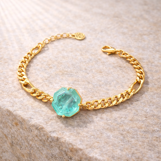 Paraty Aqua Octagon Bracelet | 18K Gold-Plated Figaro Chain