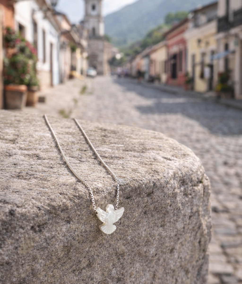 Necklace with a dove pendant on a stone ledge in a town setting