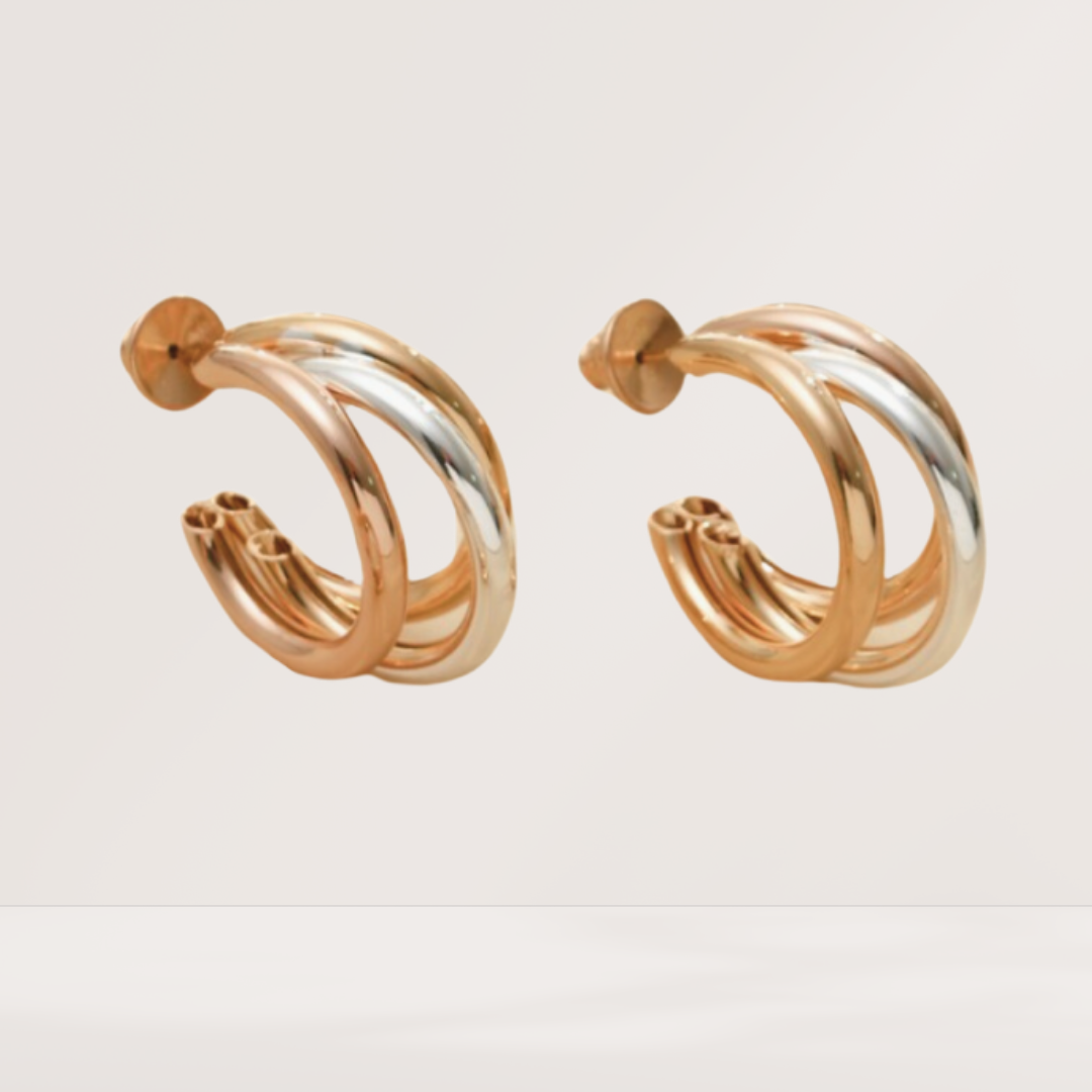 Pair of gold hoop earrings on a light gray background