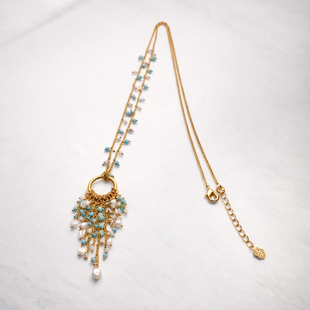 Ilhabela Long Necklace | Gold-Plated with Turquoise Beads & River Pearls
