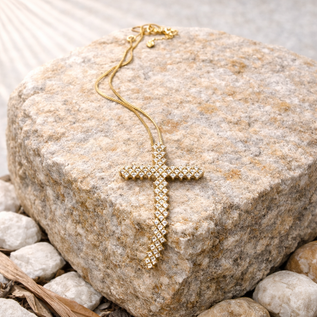 Gold cross necklace on a textured stone surface
