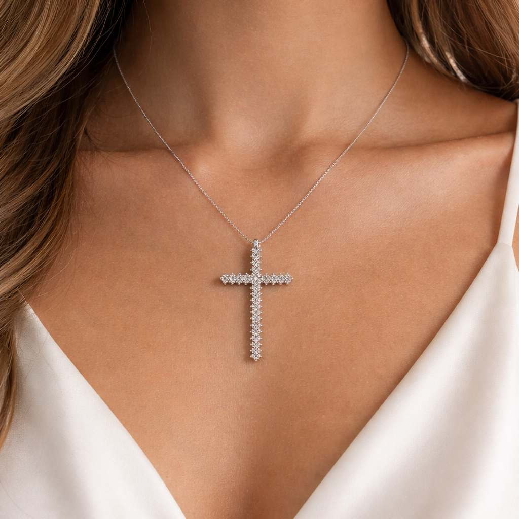 Silver cross necklace on a person wearing a white top