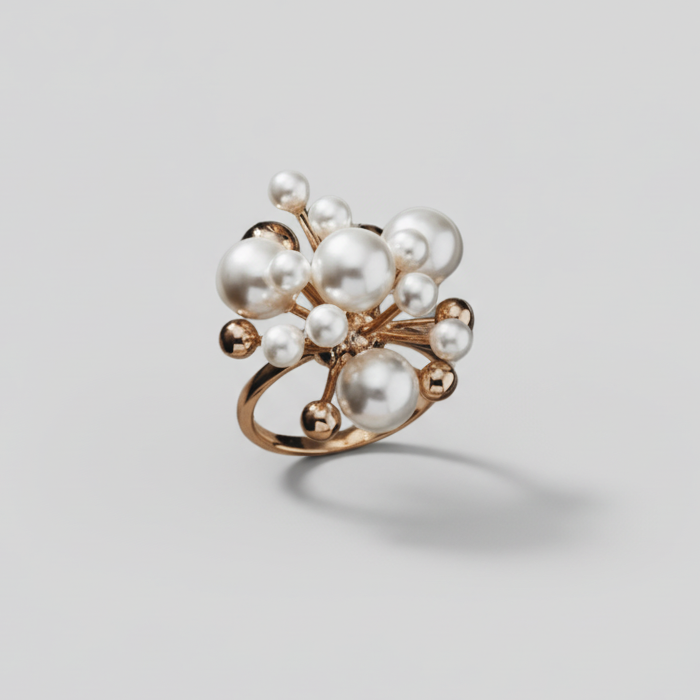 Pearl earrings with gold accents on a light beige background