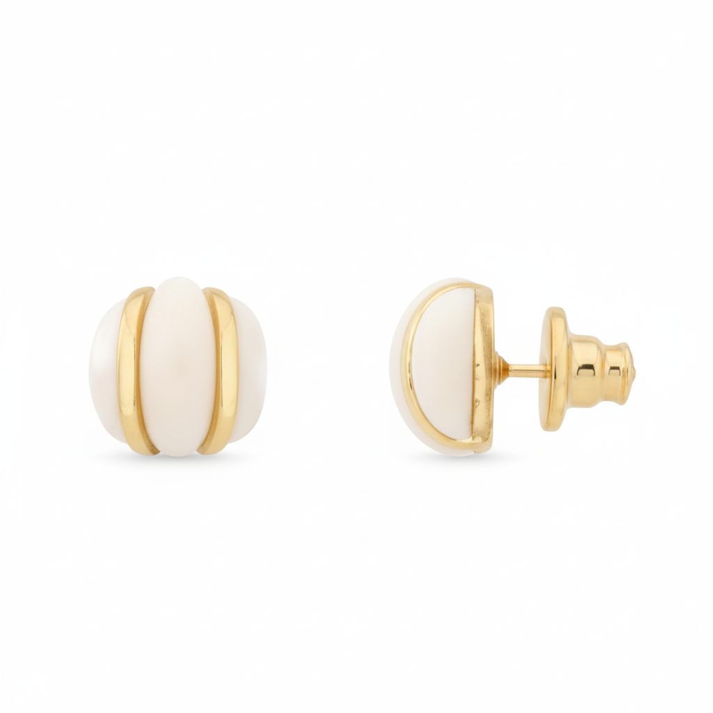 Gold and white spherical earrings on a white background