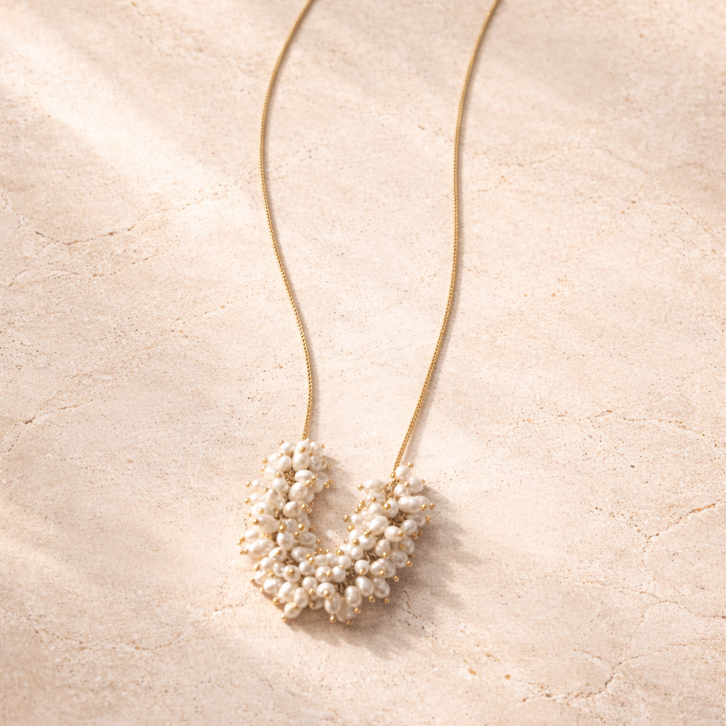 Pearl necklace on a textured beige surface
