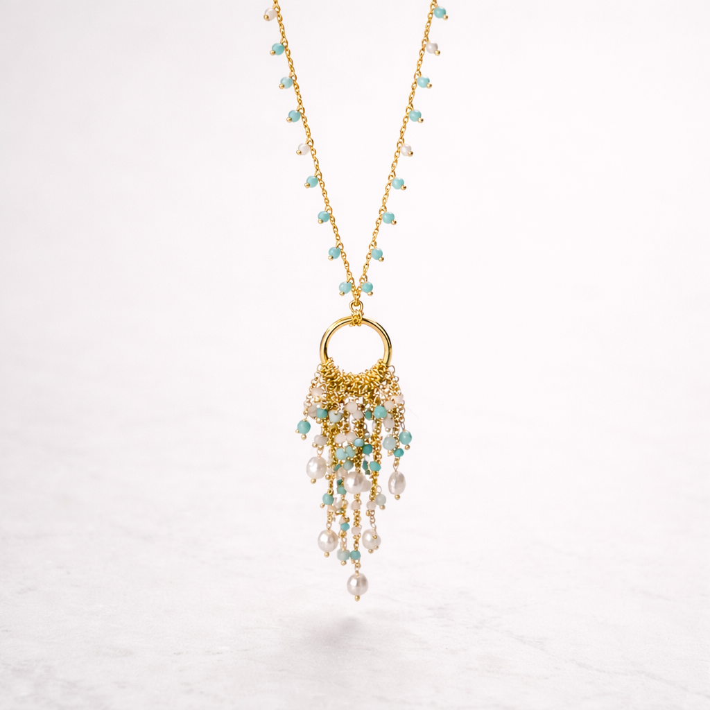 Ilhabela Long Necklace | Gold-Plated with Turquoise Beads & River Pearls